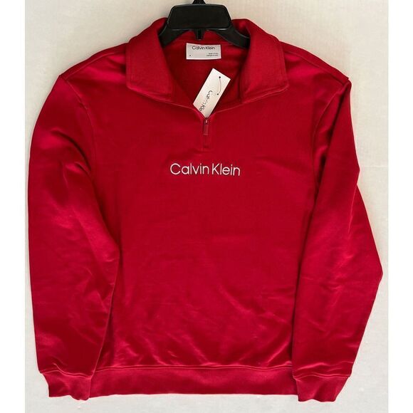 Calvin Klein Mens Sz M Chili Pepper Relaxed French Terry 1/4-Zip Logo Sweatshirt - Picture 1 of 7